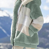2025 Veste d'hiver en peluche avec capuche colorblock et poches pour femmes